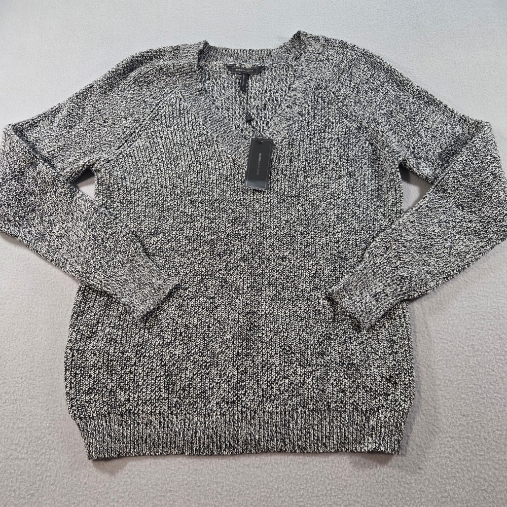 BCBGMAXAZRIA Sweater Womens Small Black White Marled V-Neck Raglan Cotton Blend